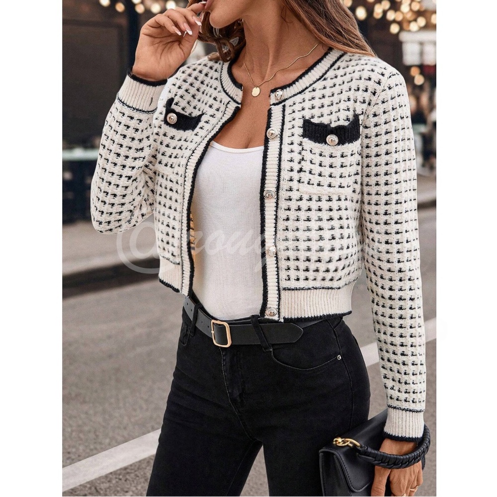 Beige Black Button Up Cardigan Knit Long Sleeve Cropped, Stretchy
